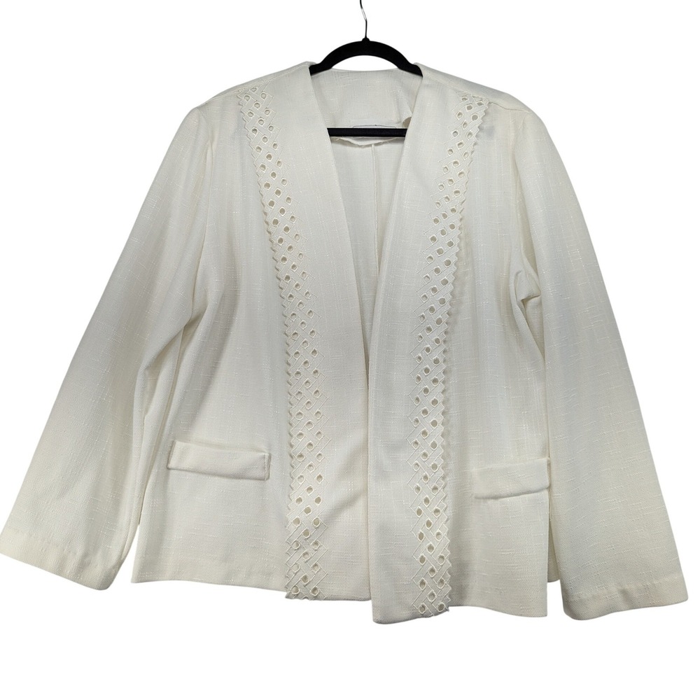 Pablo Collection White Eyelet Trim Open Front‎ Blazer Vintage Made in USA XL